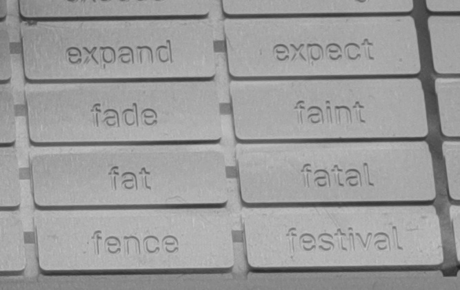 Nahaufnahme einer Wortplatte aus Edelstahl: geätzte Plättchen mit den Wörtern expand, expect, fade, faint, fat, fatal, fence und festival